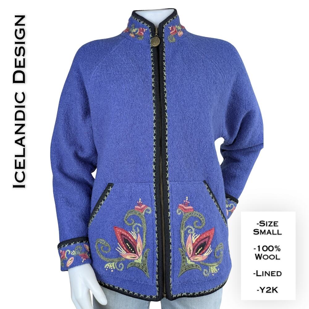 Icelandic Design Wool Jacket Small Blue Y2K Embroidered Floral Alpine Folk Zip